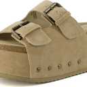 CUSHIONAIRE Guru Platform Sandals Women Footwear Comfortable Genuine Leather Footbed Studded Chunky Slide Summer Sandals for Women (Size 7 , Suede Khaki)