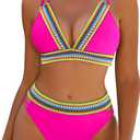 Blooming Jelly Womens High Waisted Bikini Sets Color Block Two Piece Swimsuit V Neck Crisscross Back Bathing Suit (Large, Hot Pink)