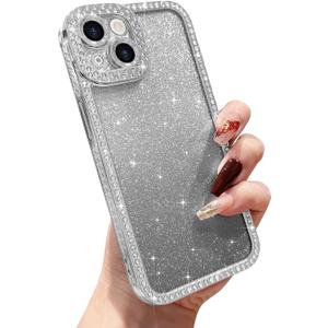 Compatible with iPhone 13 Case with Glitter Sparkle Diamond, Women Girls Shiny Crystal Rhinestone TPU Bumper Protective Case Cover foriPhone 13 6.1 Inch,Silver