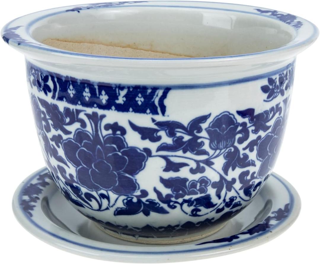 Blue and White Ceramic Flower Pot, 6.7 Inch Round Planter with Saucer for Indoor and Outdoor Plants, Excellent Drainage and Stable Design