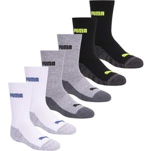 PUMA boys 6 Pack Cut Crew Socks, White/ Grey/ Black, 7-8.5 US