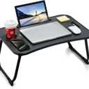 Laptop Bed Desk, Foldable Lap Desk, Portable Lap Table, Laptop Stand with Cup Holder, Tablet Slot & Lifting Handle for Work, Write, Draw & Eat on Bed, Sofa or Couch - Black
