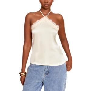 Women Satin Lace Cami Top Y2K Silk Sleeveless Halter Tank Top Going Out Backless Crop Tops Beach Streewear (Beige) - Small