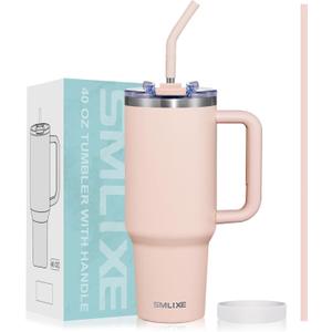 40 oz Tumbler with Handle and Straw Lid,Insulated Reusable Stainless Steel Water Bottle Travel MugCupholder Friendly Double Wall Vacuum Sealed Cup (Rose Quartz)