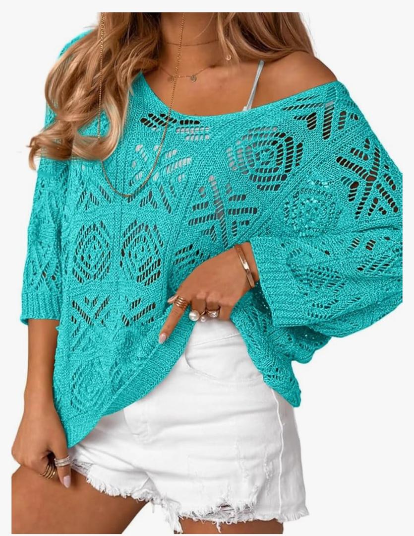 Saodimallsu Womens Crochet Cover Up Top Summer 3/4 Sleeve Off Shoulder Sweater Shirts Mesh Boho Beach Swimsuit Coverup, Size XL