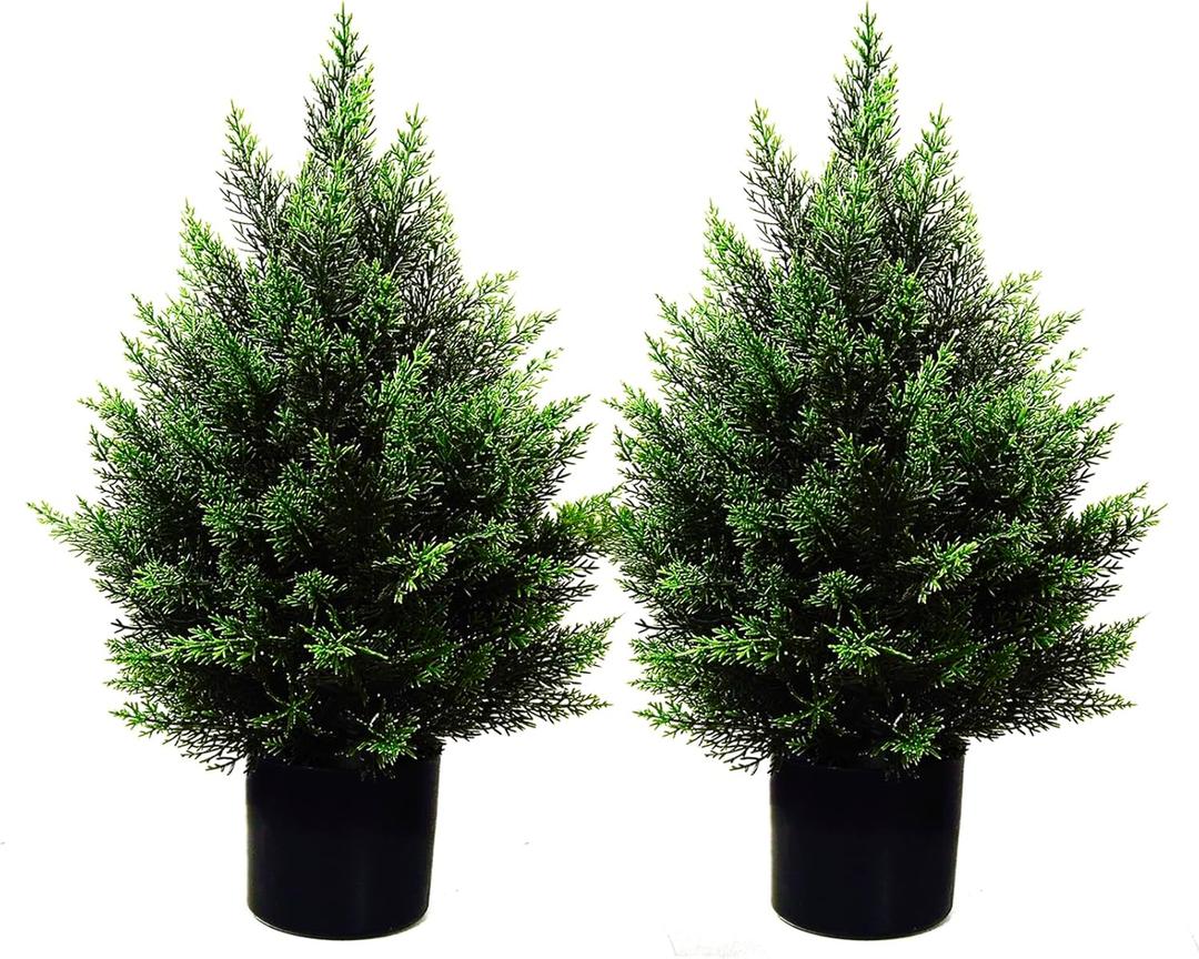 2FT Artificial Topiary Tree Beautiful Realistic Faux Cedar Pines Christmas Trees UV Rated Fake Shrubs for Front Porch Faux Plants Indoor and Outdoor Decor2 Pack