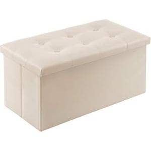 YOUDENOVA Folding Storage Ottoman, Faux Leather Ottoman Bench Footrest Ottoman, Storage Chest Padded Seat for Bedroom and Living Room, Beige,15" D x 30" W x 15" H