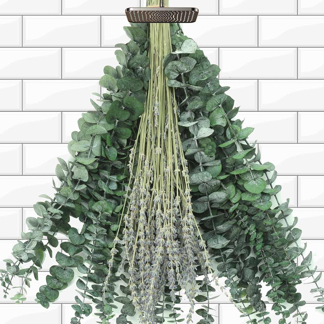 115 PCS Mixed Dried Eucalyptus Stems with Lavender Flowers Bundle for Shower, 17'' Natural Eucalyptus Leaves Branches Hanging Shower Plant for SPA Home Fragrance Bathroom Table Vase Decor