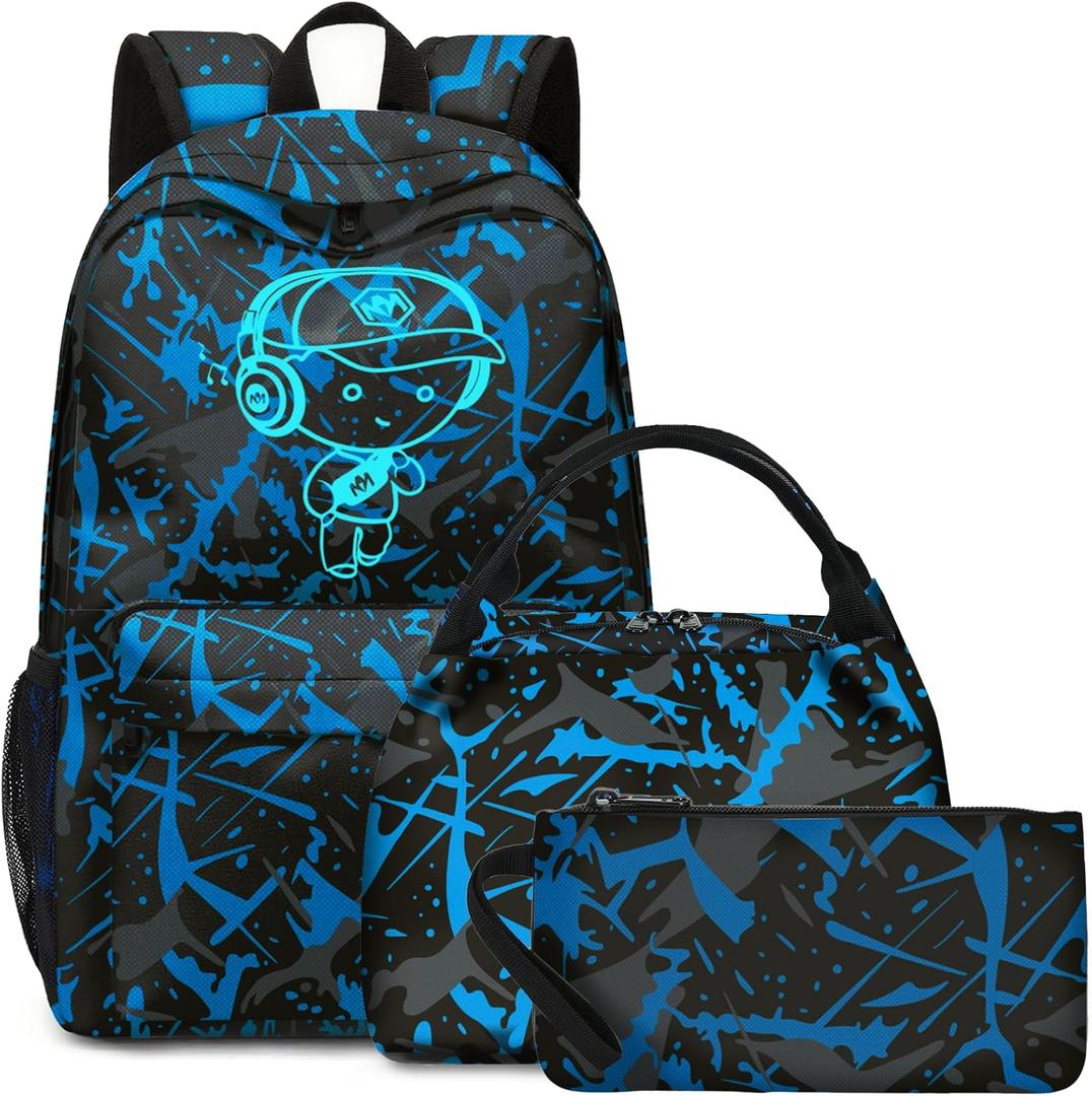 Bluboon School Backpack for Boys Teens Bookbag Travel Daypack Kids Girls Lunch Bag Pencil Case (Graffiti Blue)