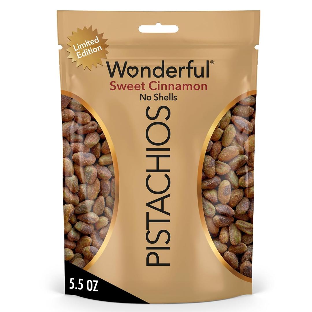 Wonderful Pistachios No Shells, Sweet Cinnamon Flavored Nuts, 5.5 Ounce Resealable Bag, Protein Snacks, Gluten Free, Healthy Vegan Snacks (EXP 10/31/26)