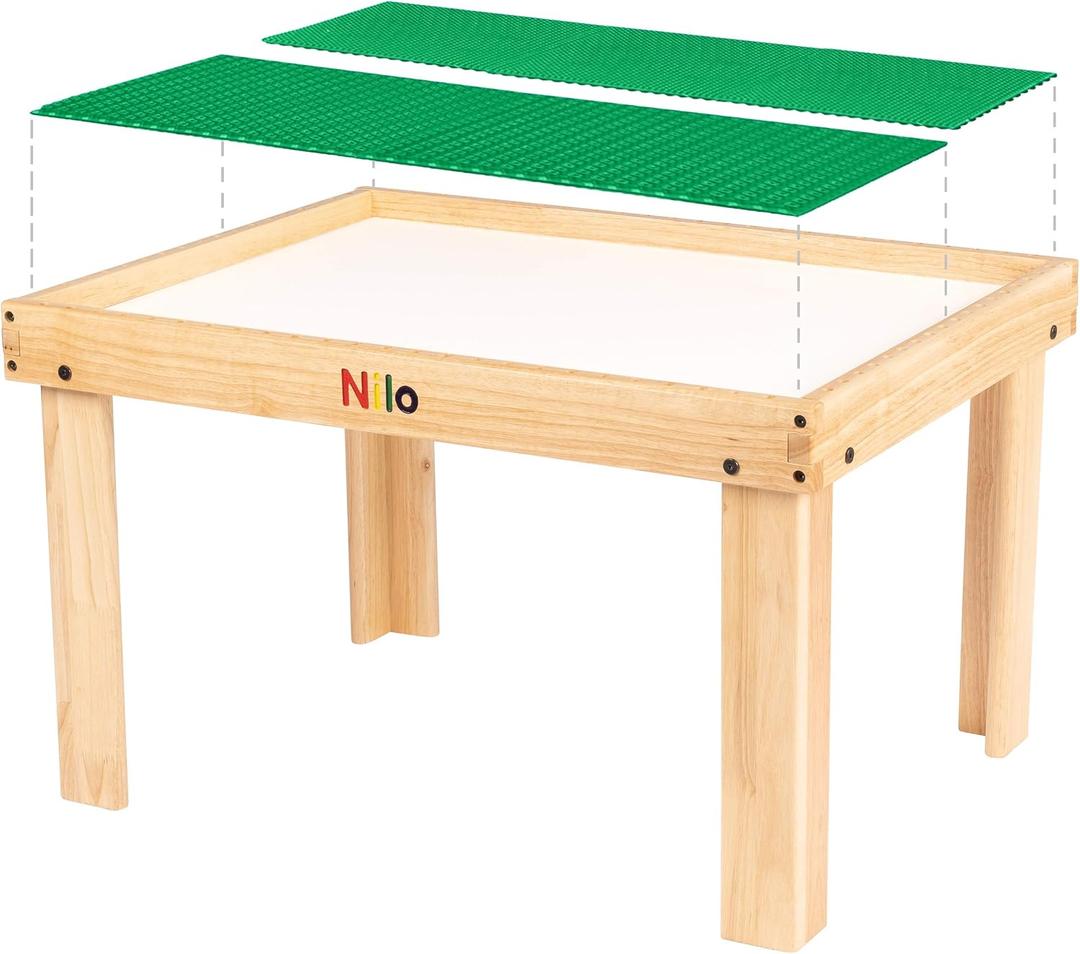 NILO Kids Play Table Set with 2 Compatible Lego Duplo Detachable Two-Sided Baseplates/Boards/Mats (N34 Activity Table w/Holes, 24x32x20 and 2X Green Base Plates 12x32)