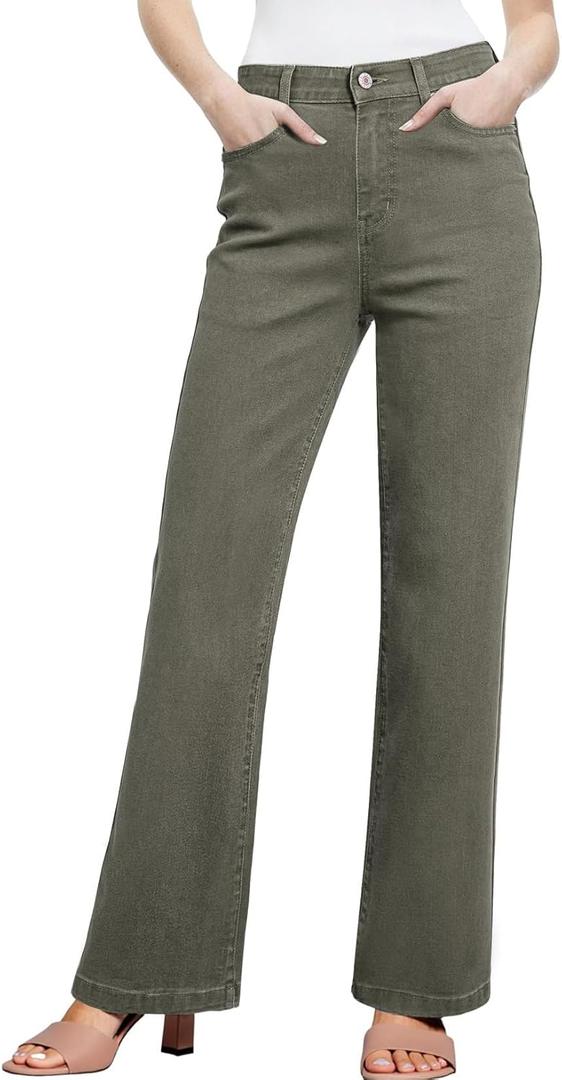 Sidefeel Women's Wide Leg Jeans High Waisted Tummy Control Stretchy Straight Leg Elastic Waist Trendy Denim Pants, Size 10