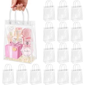 Okxiri 15 PCS Clear PVC Gift Bags with Handles,Small Reusable Plastic Party Favor Bags, Transparent Goodie Bags for Wedding,Baby Shower, Birthday (8.8" x 6.5" x 2.6")