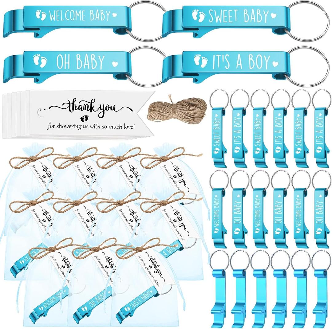 Maxcheck 50 Sets Baby Shower Party Favors for Guest Sweet Baby Bottle Opener Keychains Welcome Keychains Thank You Tags Bags for Gender Reveal Summer Party Return Gifts, 4 Styles(Blue)