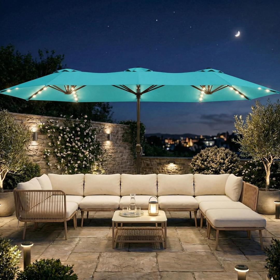 15FT Large Outdoor Patio Umbrella with Solar Lights and Base, Double-Sided Table Umbrellas with 48 LED Lights, Rectangle Market Umbrella for Pool, Deck, Backyard