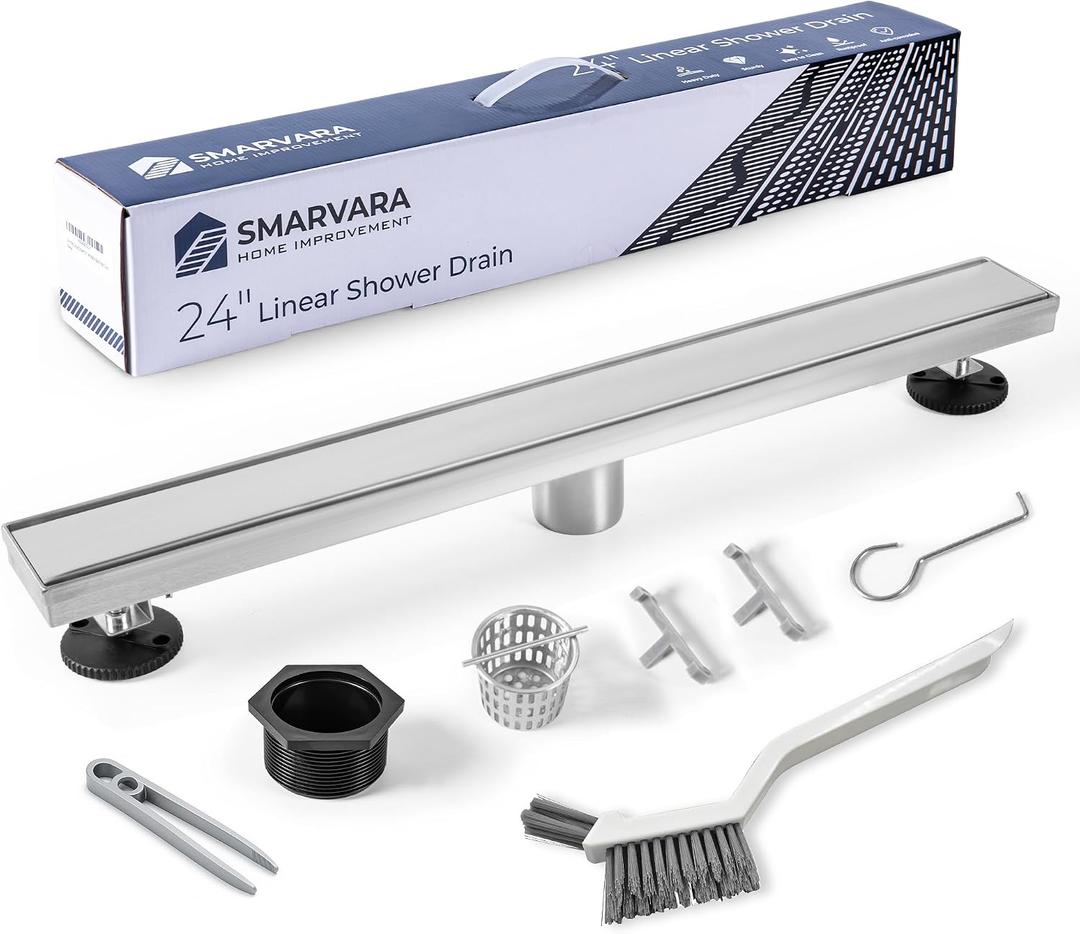 Linear Shower Drain 24 inch with 2-in-1 Flat & Tile Insert Cover - Brushed 304 Stainless Steel Shower Floor Drain - Linear Drain with Reversible Cover & Hair Catcher - Includes Cleaning Tools