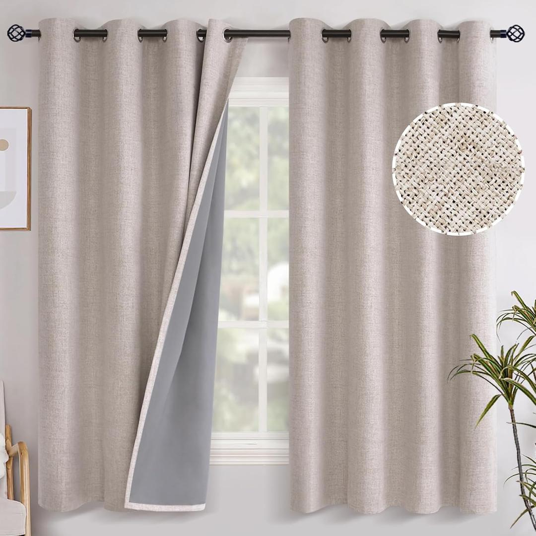 YoungsTex Linen Blackout Curtains 63 Inch Length for Bedroom, Room Darkening Window Drapes with Grommet Thermal Insulated Black Out Blinds for Living Room, 2 Panels, 52 X 63 Inch, Beige