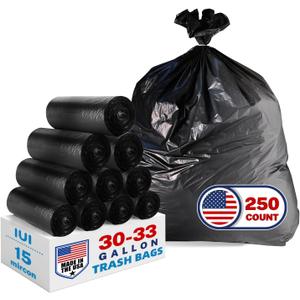 IUI 30-33 Gallon Trash Bags, 250 Count, 32 x 38" Black Garbage Bags for Home, Kitchen Waste, Lawn and Leaf, Durable & Tear-Resistant, Made in USA