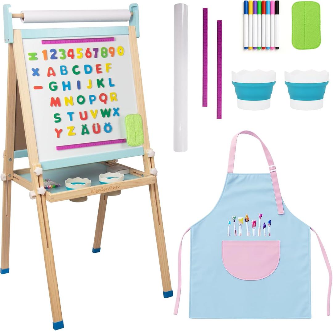 Kids Wooden Easel with Paper Roll, Adjustable Magnetic Double Sided Drawing Board Whiteboard & Chalkboard Dry Easel Board, Children Art Easel for 3-12 Years Kids Boys Girls Painting Drawing (Blue)