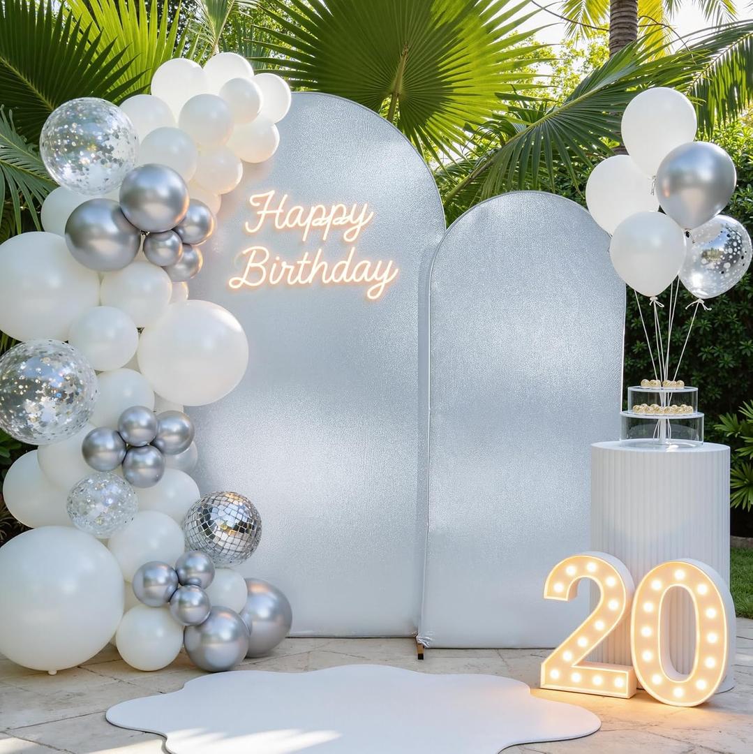 Silver Shimmer Arch Backdrop Cover 2set 6 7.2 FT with Zipper Bottom,Premium No Shed Sequin Glitter Spandex, Stretchy Fit Chiara Cover for Wedding Baby Shower Graduation Party Decor