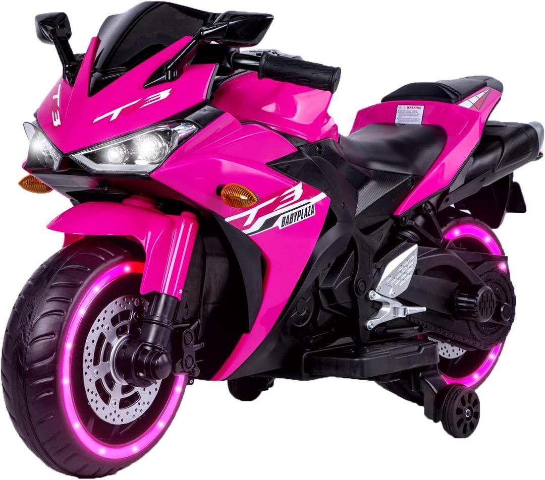 TAMCO Kids Electric Motorcycle with Training Wheels, Light Wheels, Ride On Motorbike, Speed by Hand, Music Function, Max Load 66LB (Pink)