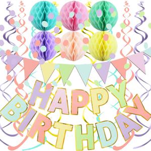 Fecedy Macaron Superlarge Alphabet Happy Birthday Banner Colorful Flag Bunting Circle Confetti Garland Swirl Streamers Honeycomb Ball for Birthday Party Decorations (Multi-colored)