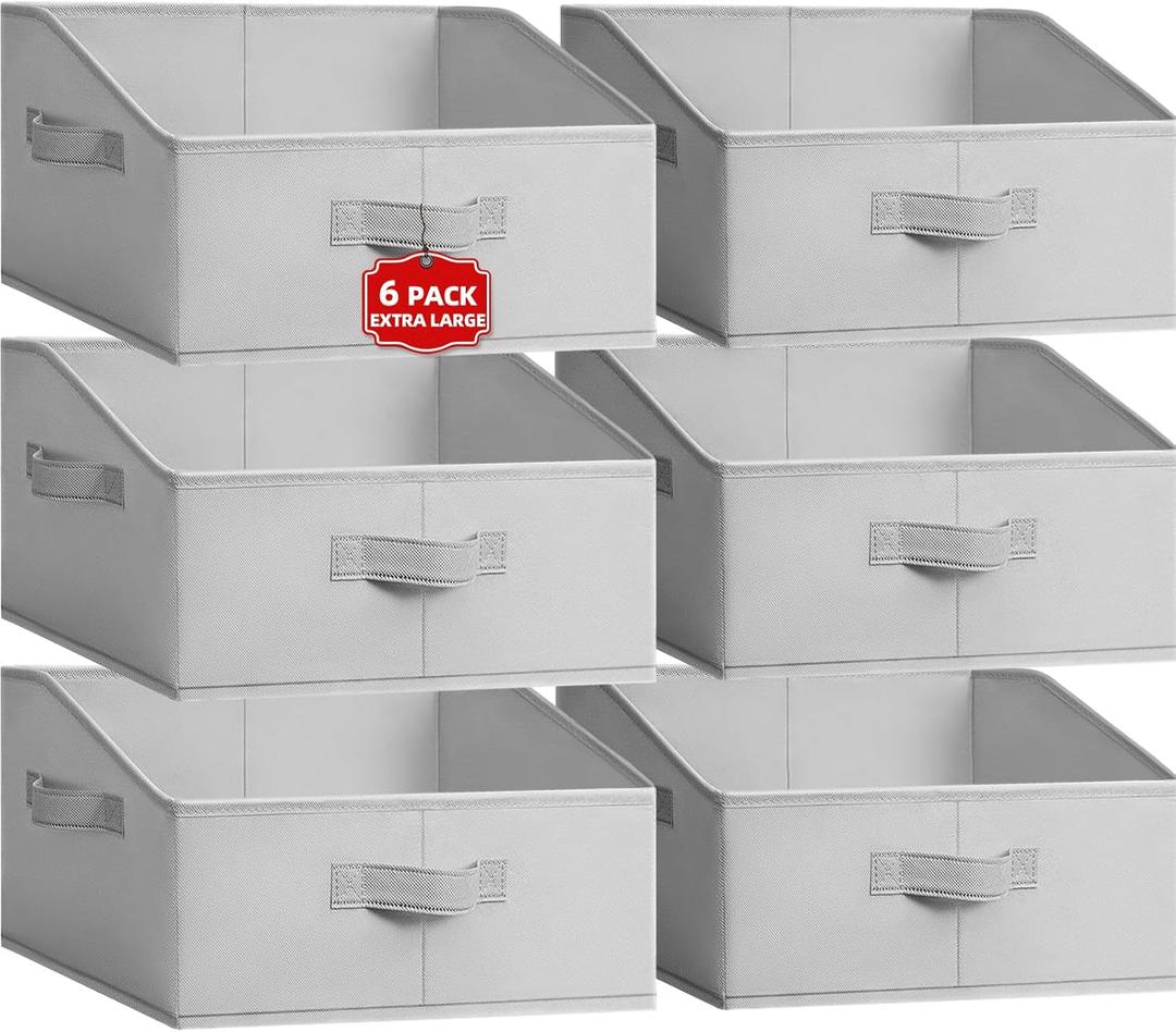 Extra Large Closet Organizers Bins 6 Pack - Blanket Basket for Organizing/Home Clothes Storage Bins for Jeans/Toy Organizers for Nursery/Wardrobe Shelf Closet Organization for Purse Hats Towel (Grey)