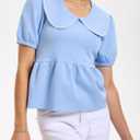 HOULENGS Women's Summer Puff Sleeve Peplum Babydoll Tops 2025 Peter Pan Collar Flowy Shirts Casual Ruffle Cute Blouse Top (Blue, L)