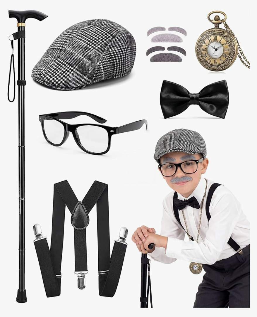 100 Days of School - Old Man Costume for Kids Hat Glasses and Grandpa Vest Set for Child