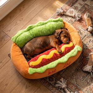 Hot Dog Dog Bed, Soft Plush Pet Bed Detachable and Washable, M
