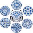 Ceramic Coasters for Drinks Absorbent - Metal Holder Set, Dry & Clean, Anti-Slip Cork Bottom - Blue and White Porcelain, Perfect for Living Room, Kitchen, or Outdoor Use