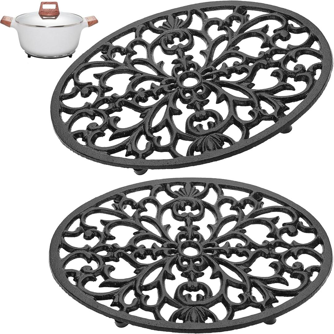 Sumnacon 2Pcs Oval Cast Iron Trivet - Antique Heat Resistant Metal Trivet for Hot Dish Pot Pan Teapot, Vintage Well Made Hot Plate Pad for Kitchen Dining Countertop Table (9.6 x 7.2 Inch, Black)