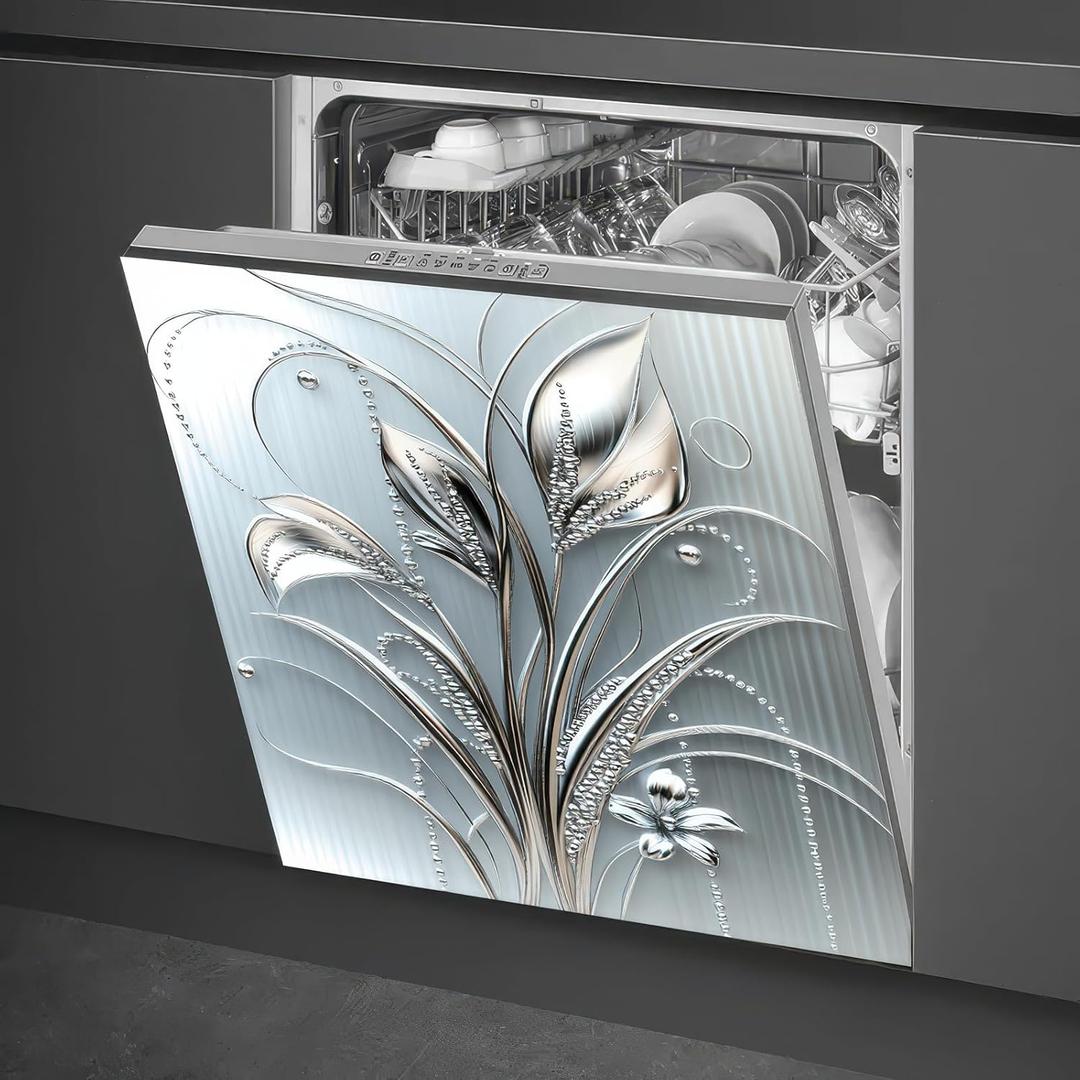 Grey Metal Silver Flower Leaf Pattern Magnetic Dishwasher Cover Sheet Polishing Dishwasher Skin Decor Anti-Scratch Kitchen Decorative Magnetic Stickers Fridge Refrigerator Panel 23x26 Inch