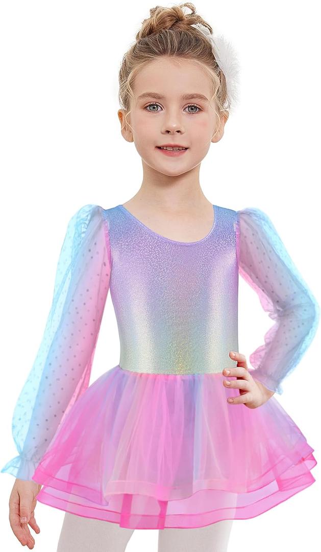 Zaclotre Ballet Leotards for Girls Mesh Long Sleeve Toddler Tutu Dress Dance Outfit Ballerina Costume (4-5T, Rainbow)