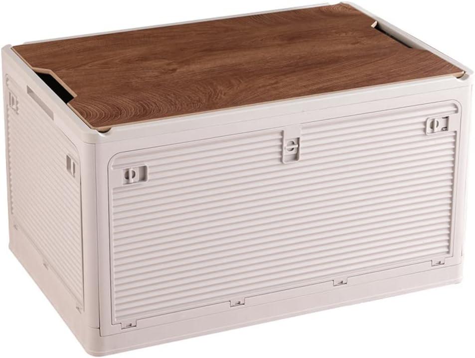 Foldable Storage Bins with Wood Lids Plastic Collapsible Storage Box with Cutting Board Portable Stackable Grocery Container Folding Latching Storage Crate with Removable Pulley (S, Khaki)