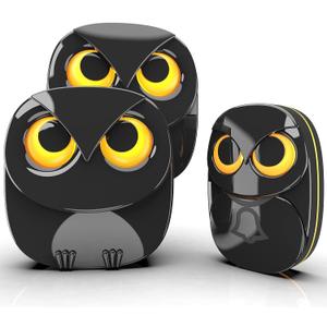 Wireless Doorbell, Cute Owl Doorbell Weatherproof IP55 Outdoor Remote Push Button- 1000 feet Long Wireless Range- 35 Classic Melodies Optional,5 Volume Levels & LED Flash-2Receivers+1Transmitter,Black
