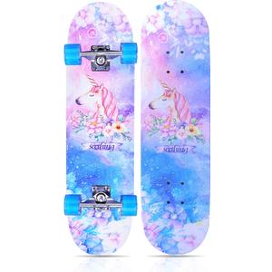 Skateboards for Beginners Kids Boys Girls and Adults,31''x8'', 7-Layer Maple, Double Kick Concave, Fascinating Cool, Solid&Durable (Pink Unicorn)