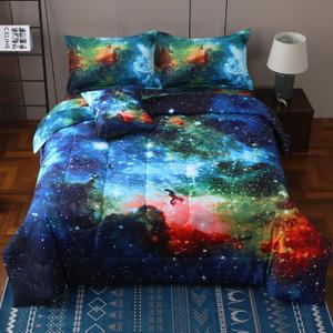 JQinHome Full Galaxy Comforter Sets 6 Piece Bed in A Bag, Outer Space Themed Bedding for Children Boy Girl Teen Kids,1 Comforter, 1 Flat Sheet, 1 Fitted Sheet, 2 Pillowshams, 1 Cushion Cover(Blue)