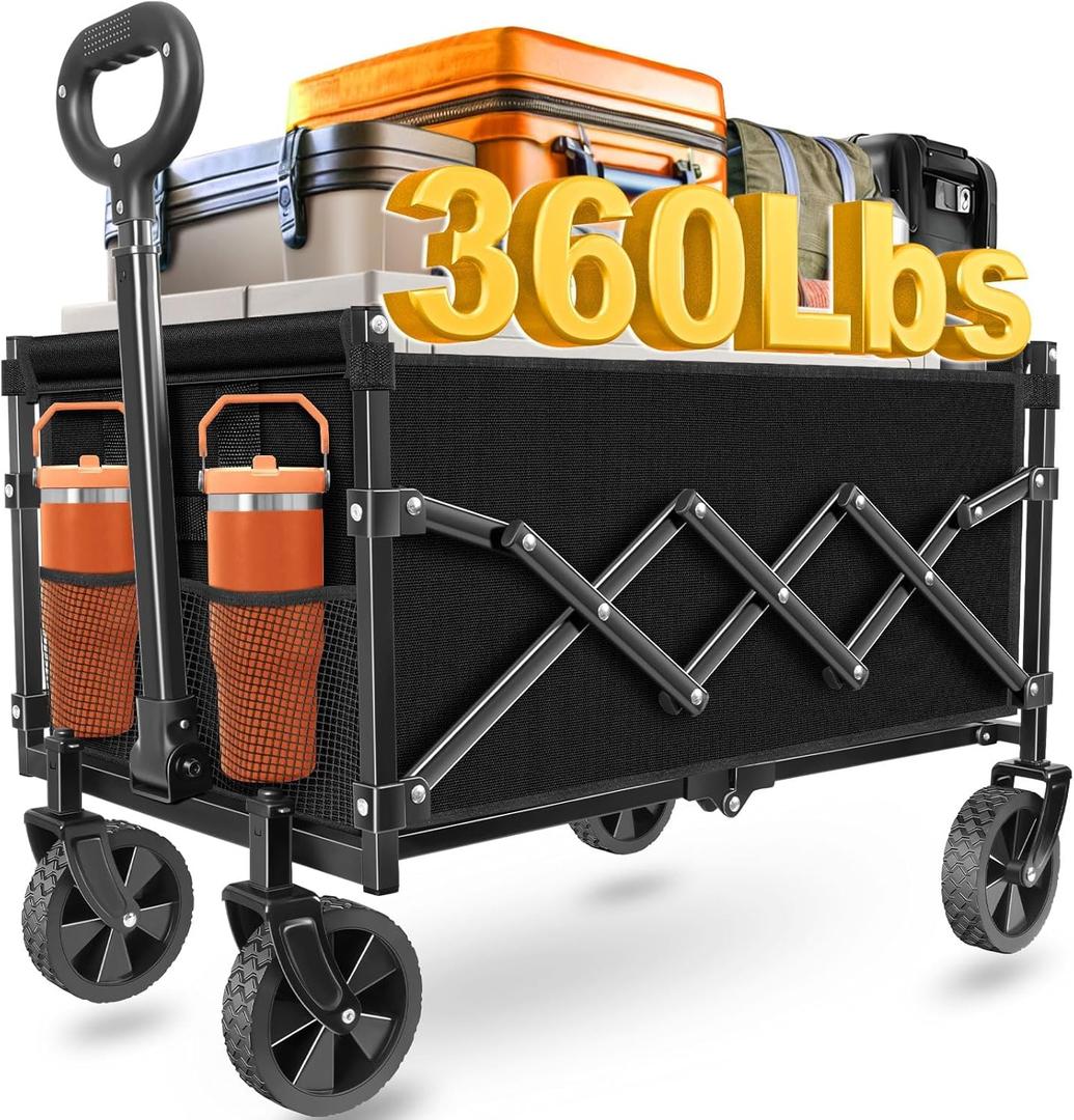 Wagons Carts Foldable, Collapsible Wagon Cart with Wheels - Beach Wagon Cart with Wheels for Sand Sports Camping Grocery, Black