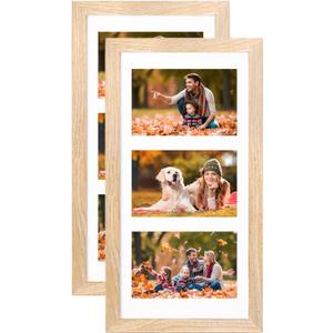 KINLINK 7x14 Picture Frames Natural, Solid Wood 3 Opening Collage Frames with Acrylic Plexiglass for Multiple Three 4x6 Photos with Mat or 7x14 without Mat, Wall Display Photo Frames, Set of 2