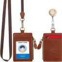 Wonderpool Leather ID Badge Holder with Zipper Wallet Pouch - Card Slots Case Detachable Neck Lanyard and Retractable Badge Reel for Office School Hospital Exhibition ID (Red Brown)