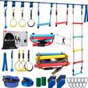 Ninja Warrior Obstacle Course for Kids, 256ft Slackline Kit with 8 Ninja Accessories - Monkey Bar, Rope Ladder, Gymnastic Ring, Arm Trainer and Monkey Fist