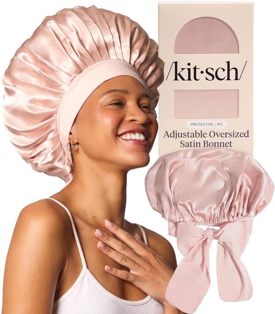 Kitsch XL Satin Bonnet for Sleeping - Softer Than Silk Bonnet For Sleeping Women - Secure Fit, Adjustable, Night Cap For Curly & Textured Hair - Prevents Breakage, Tangles & Thinning - Blush
