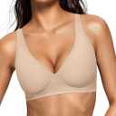 OEAK Womens Deep V Bras Wireless Comfortable Bra Supportive No Underwire Bras Tshirt Push Up Bralettes Plunge Seamless Bra (Beige, XS)