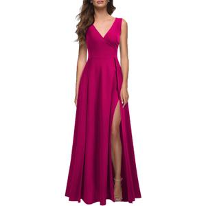 MUSHARE Women's V Neck Sleeveless Split Formal Dress Cocktail Party Prom Long Dresses (Large, Magenta)