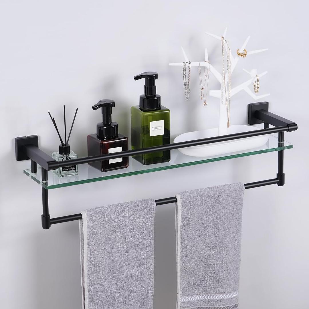 Glass Shelves for Bathroom with Towel Bar/Rack 24" Tempered Glass Shelves with Stainless Steel Towel Holder for Wall Shelf Sink Over Toilet (Matte Black), 24-inch with Railing