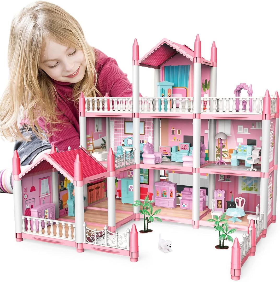 Kids Pink Grand Three Story Dolls House Playset with Furniture, Accessories and Outdoor Space