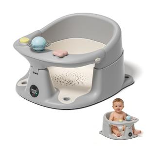 Baby Bath Seat for Babies 6 Months & up with Thermometer, Non-Slip Toddler Bath Seats for Sitting Up, Safe Infant & Newborn Bathtub Chair with 4 Suction Cups, Soft Cushion & Temperature Display, Gray