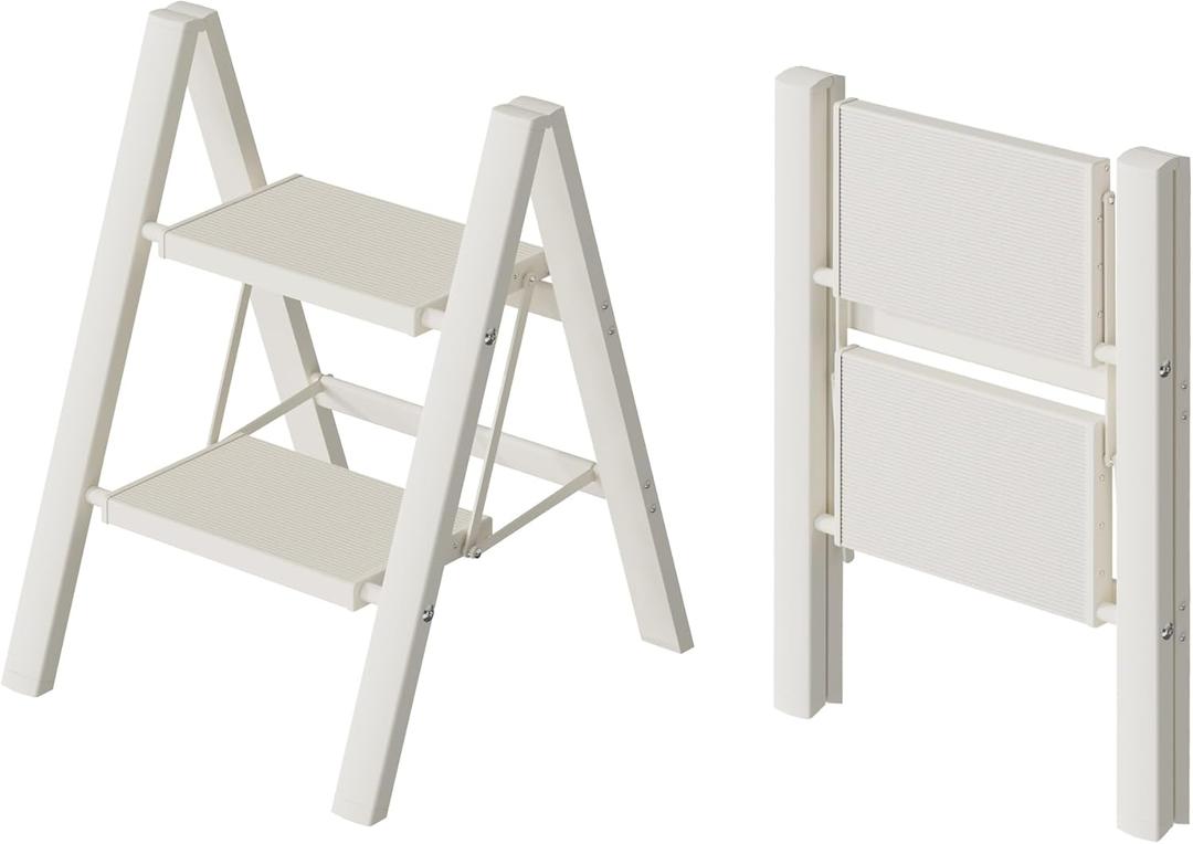 HillhutApex 2 Step Ladder, Lightweight Portable 2 Step Stool with Anti-Slip Wide Pedal, 330lbs Capacity Aluminum Ladder for Household,Office,Library(White)