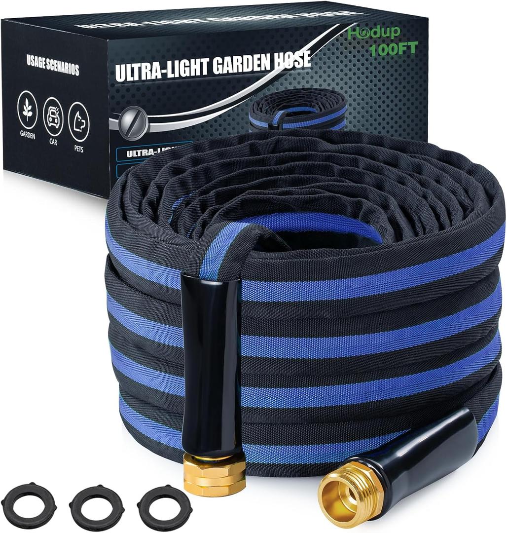 Ultra Lightweight 100FT Garden Hose - Heavy-Duty Kink-Free Flexible Hose, Non-Expanding Design with Aluminum Brass Fittings, Crush-Proof for Yard/Lawn/Outdoor Use(black-blue, 100 FT)